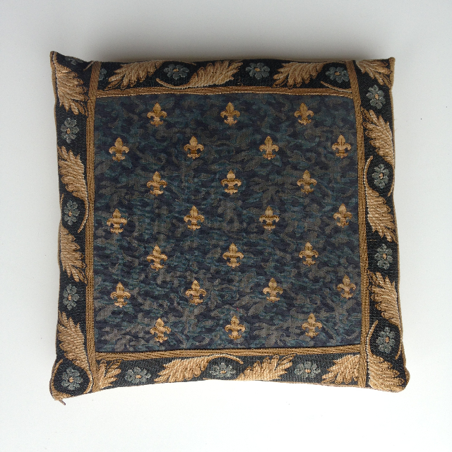CUSHION, Tapestry - Blue Gold Fleur De Lys w Border